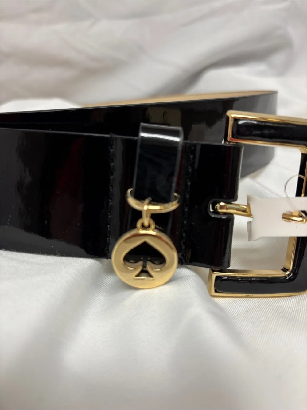 kate spade Black Patent Leather Belt with Gold Buckle and Charm